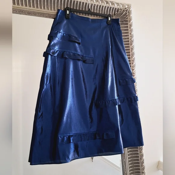 BURBERRY Silk Metallic Blend Midi Skirt Women's Blue IT 44 US 10 Org $890